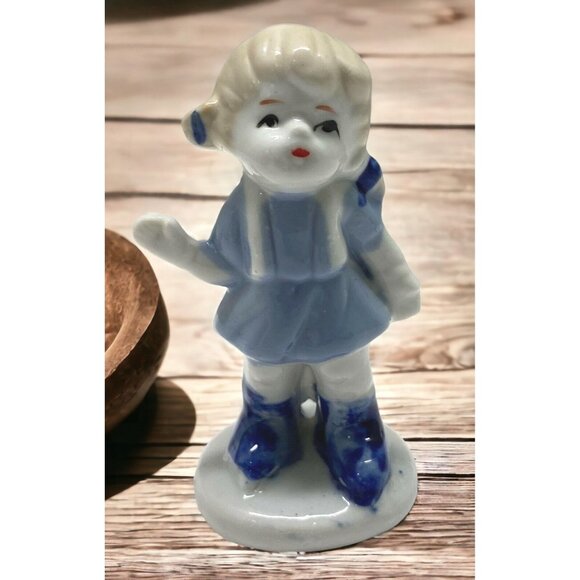 Little Porcelain Dutch Girl Figurine Vintage Child Blue White Waving Hello - Picture 1 of 8